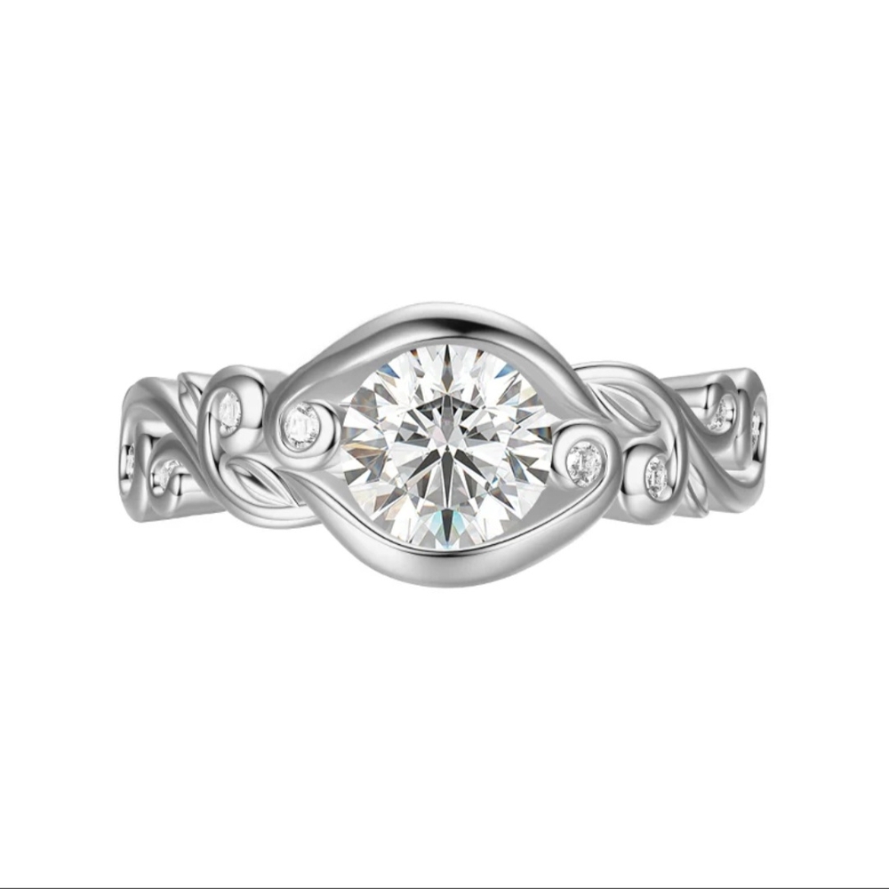 Elegant Bezel Set Round Moissanite Engagement Ring size 9 -silver NWT